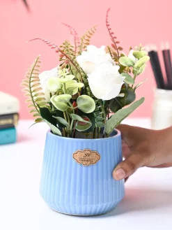 Market99 White Rose Flower With Blue Pot
