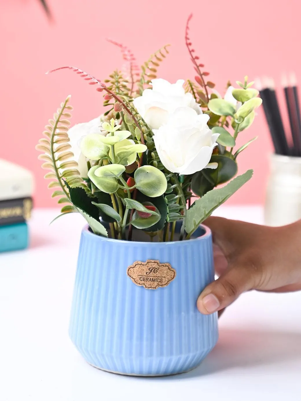 Market99 White Rose Flower With Blue Pot