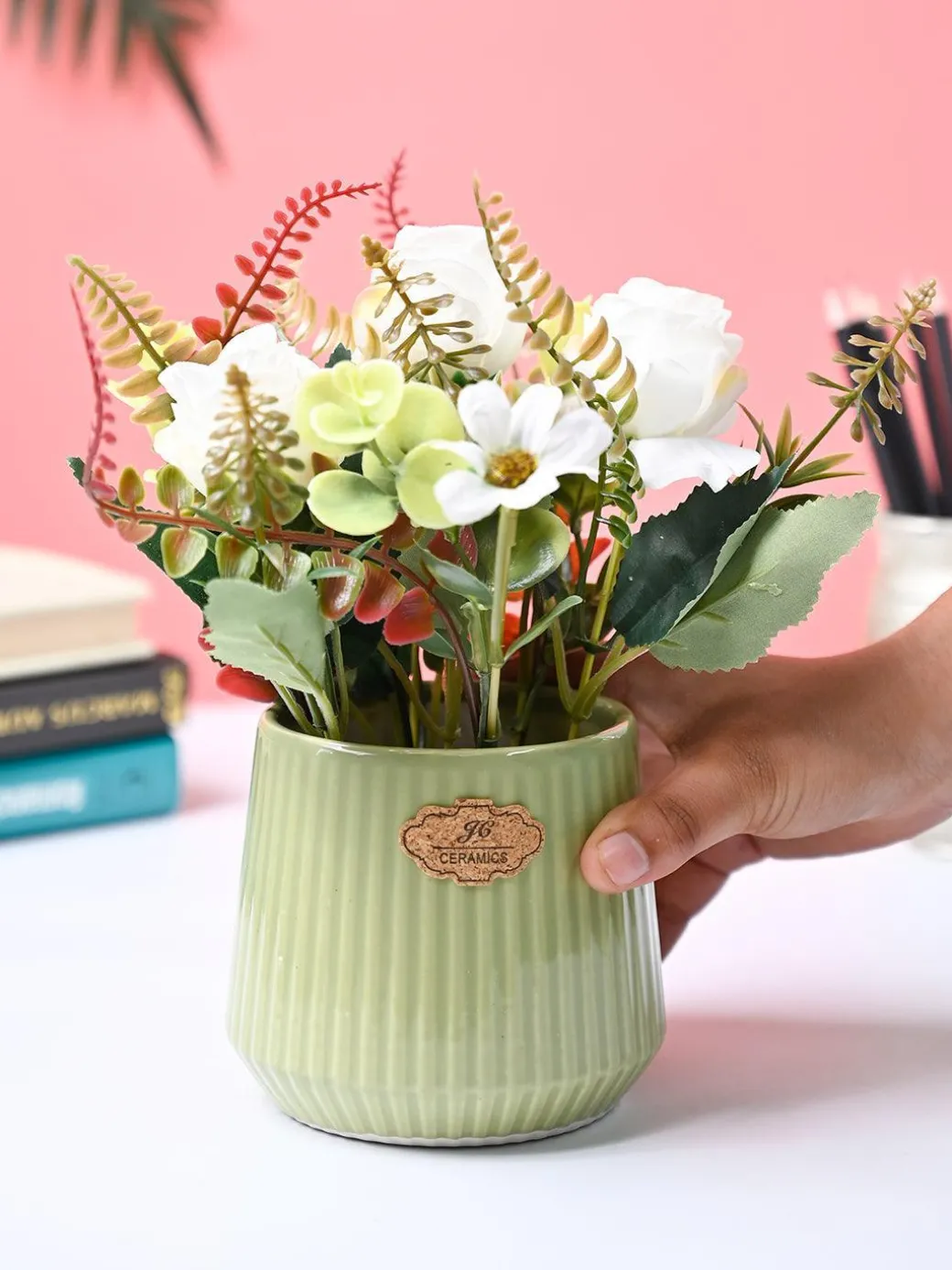 Market99 White Rose Flower With Green Pot