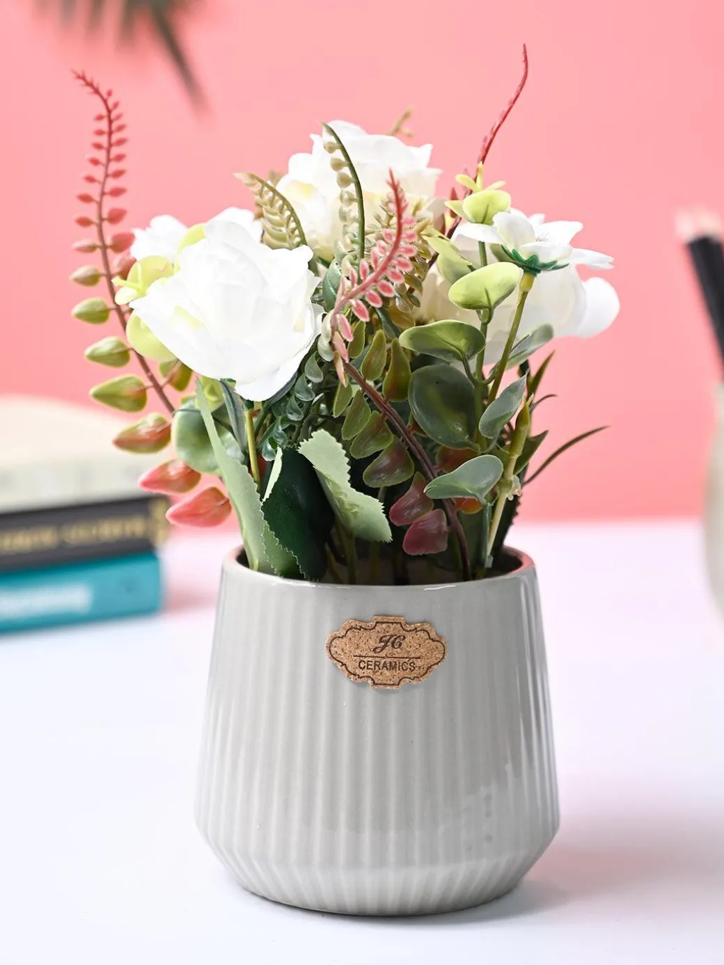 Market99 White Rose Flower With Grey Pot