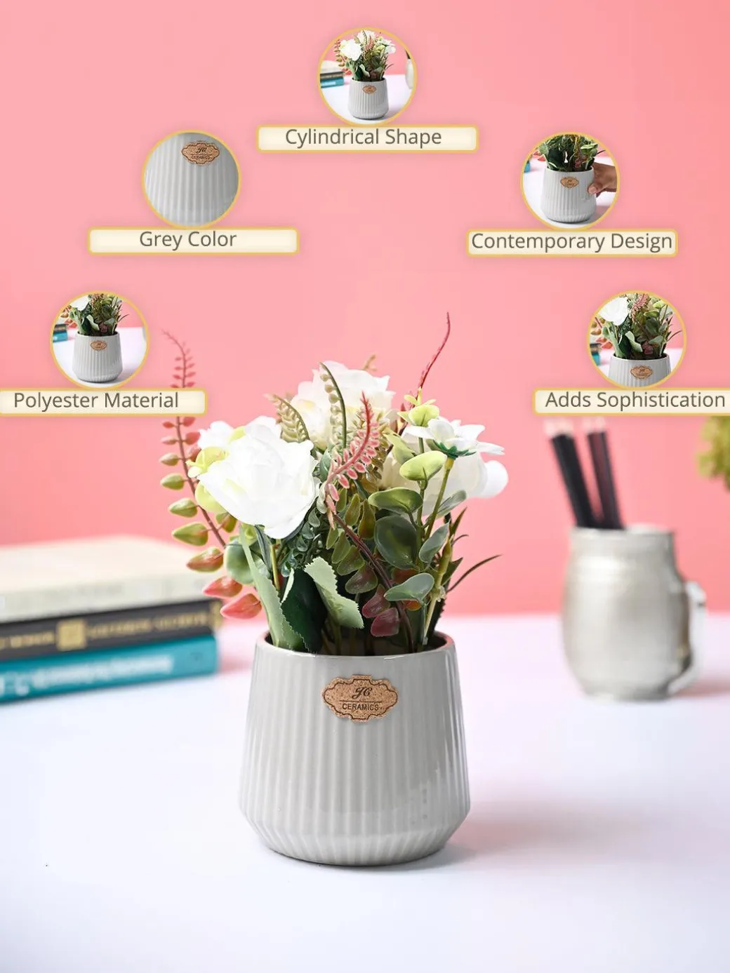 Market99 White Rose Flower With Grey Pot