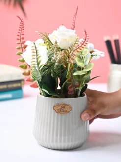 Market99 White Rose Flower With Grey Pot