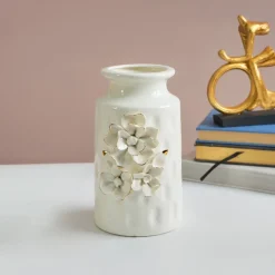 MARKET99 White Round Ceramic Vase with Floral Appliques