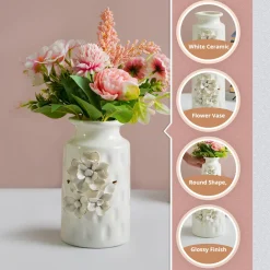 MARKET99 White Round Ceramic Vase with Floral Appliques