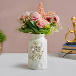 MARKET99 White Round Ceramic Vase with Floral Appliques
