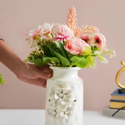 MARKET99 White Round Ceramic Vase with Floral Appliques