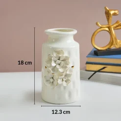 MARKET99 White Round Ceramic Vase with Floral Appliques