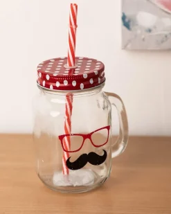 Mason Jar, with Straw & Lid, Red, Glass, 450 mL