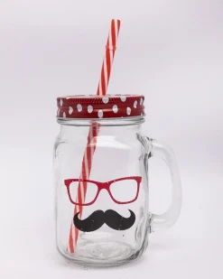 Mason Jar, with Straw & Lid, Red, Glass, 450 mL