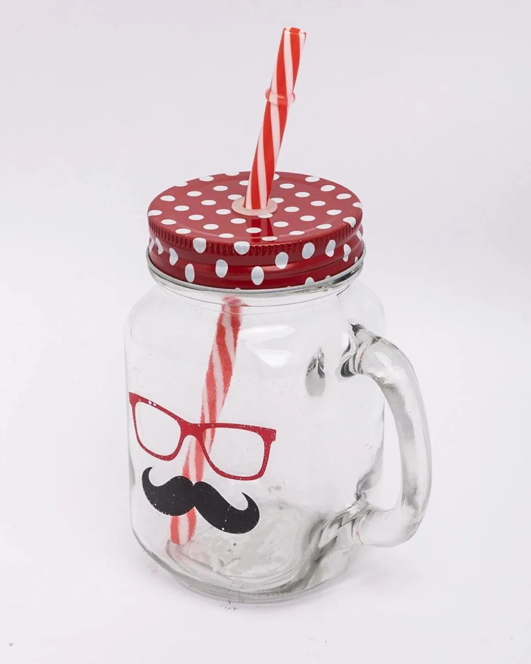 Mason Jar, with Straw & Lid, Red, Glass, 450 mL