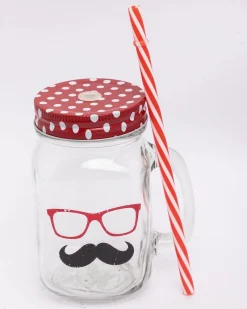 Mason Jar, with Straw & Lid, Red, Glass, 450 mL