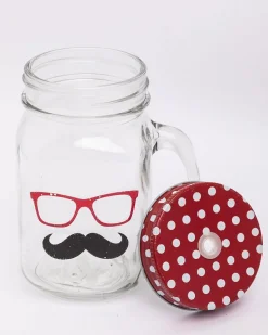 Mason Jar, with Straw & Lid, Red, Glass, 450 mL