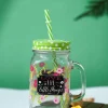 Mason Jar, with Straw & Lid, Green, Glass, 450 mL