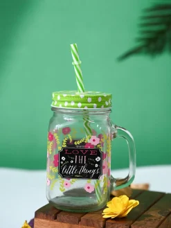 Mason Jar, with Straw & Lid, Green, Glass, 450 mL