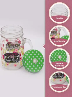 Mason Jar, with Straw & Lid, Green, Glass, 450 mL