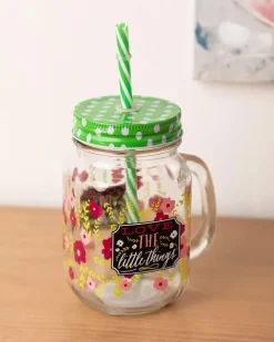 Mason Jar, with Straw & Lid, Green, Glass, 450 mL