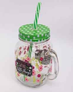 Mason Jar, with Straw & Lid, Green, Glass, 450 mL