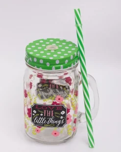 Mason Jar, with Straw & Lid, Green, Glass, 450 mL
