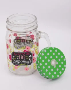 Mason Jar, with Straw & Lid, Green, Glass, 450 mL