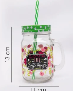 Mason Jar, with Straw & Lid, Green, Glass, 450 mL