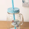 Mason Jar, with Straw & Lid, Blue, Glass, 450 mL
