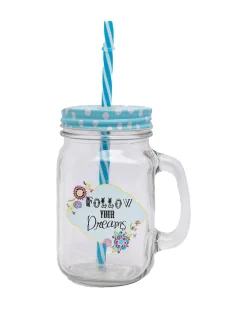 Mason Jar, with Straw & Lid, Blue, Glass, 450 mL