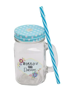 Mason Jar, with Straw & Lid, Blue, Glass, 450 mL