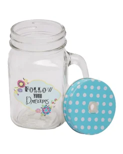 Mason Jar, with Straw & Lid, Blue, Glass, 450 mL