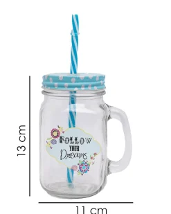 Mason Jar, with Straw & Lid, Blue, Glass, 450 mL