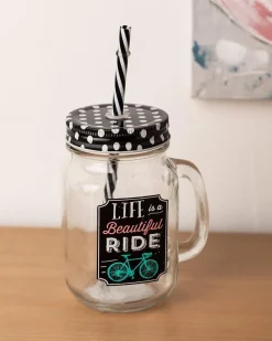 Mason Jar, with Straw & Lid, Black, Glass, 450 mL