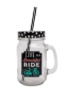 Mason Jar, with Straw & Lid, Black, Glass, 450 mL