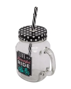 Mason Jar, with Straw & Lid, Black, Glass, 450 mL