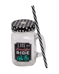 Mason Jar, with Straw & Lid, Black, Glass, 450 mL