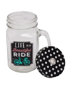 Mason Jar, with Straw & Lid, Black, Glass, 450 mL