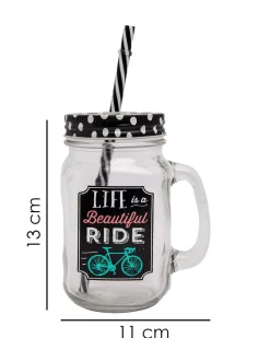 Mason Jar, with Straw & Lid, Black, Glass, 450 mL
