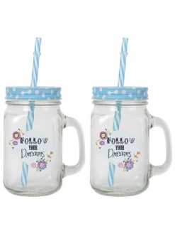 Mason Mug With Straw Set Of 2 (Each 450 Ml)