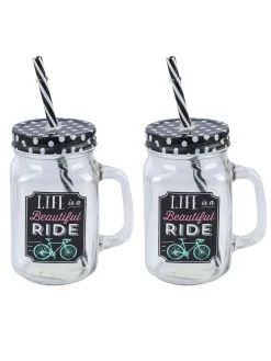 Mason Mug With Straw Set Of 2 (Each 450 Ml)