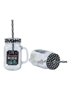 Mason Mug With Straw Set Of 2 (Each 450 Ml)