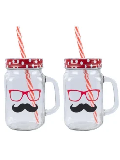 Mason Mug With Straw Set Of 2 (Each 450 Ml)