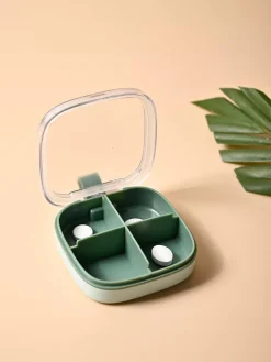 Medicine Box with 4 Sections, Olive Green, Plastic