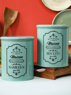 Metal Biscuite & Namkeen Jar Set - Green & Each 1700 Ml