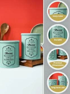 Metal Biscuite & Namkeen Jar Set - Green & Each 1700 Ml