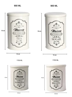 Metal Tea & Sugar Jar (Each 900 Ml) + Cookie & Namkeen Jar (Each 1700 Ml) - Ivory, Set Of 4