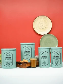 Metal Tea & Sugar Jar (Each 900 Ml) + Cookie & Namkeen Jar (Each 1700 Ml) - Green, Set Of 4