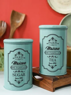 Metal Tea & Sugar Jar Set - Green & Each 900 Ml