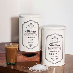 Metal Tea & Sugar Jar Set - Each Ivory & 900 Ml