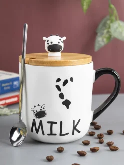 "MILK" Coffee Mug With Lid -  450mL, Long Stirring Spoon
