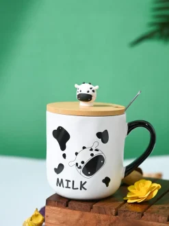 "MILK" Coffee Mug With Lid -  450mL, Mixing Spoon