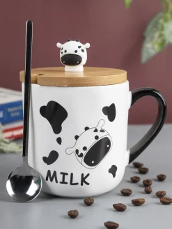 "MILK" Coffee Mug With Lid -  450mL, Mixing Spoon