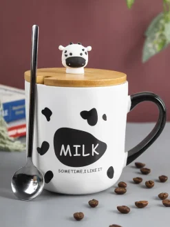"MILK SOMETIME I LIKE IT" Coffee Mug With Lid -  450mL, Mixing Spoon